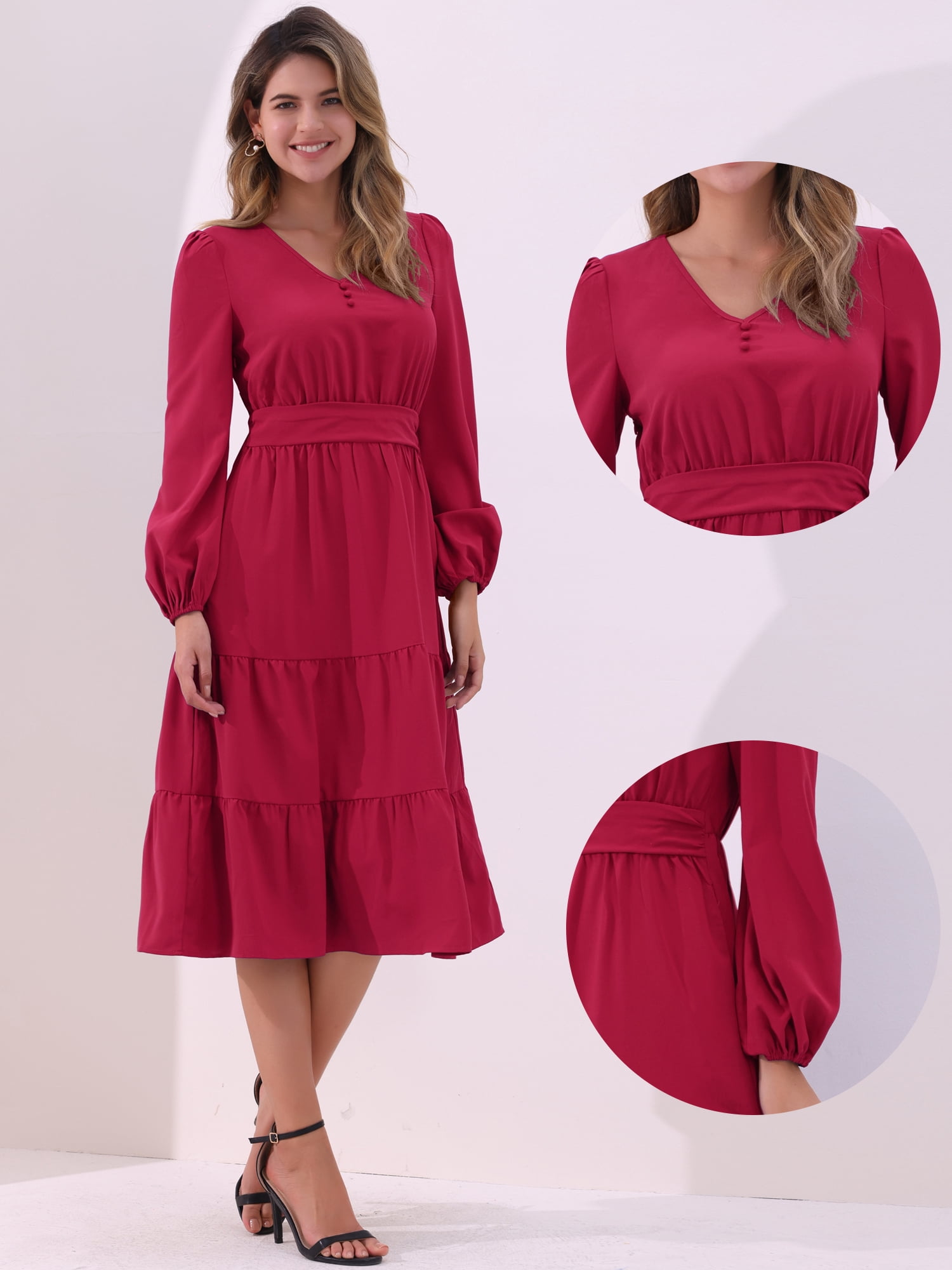 DARING DIVA V Neck Long Sleeve Ruffle Flowy Midi Dress M Dark Red