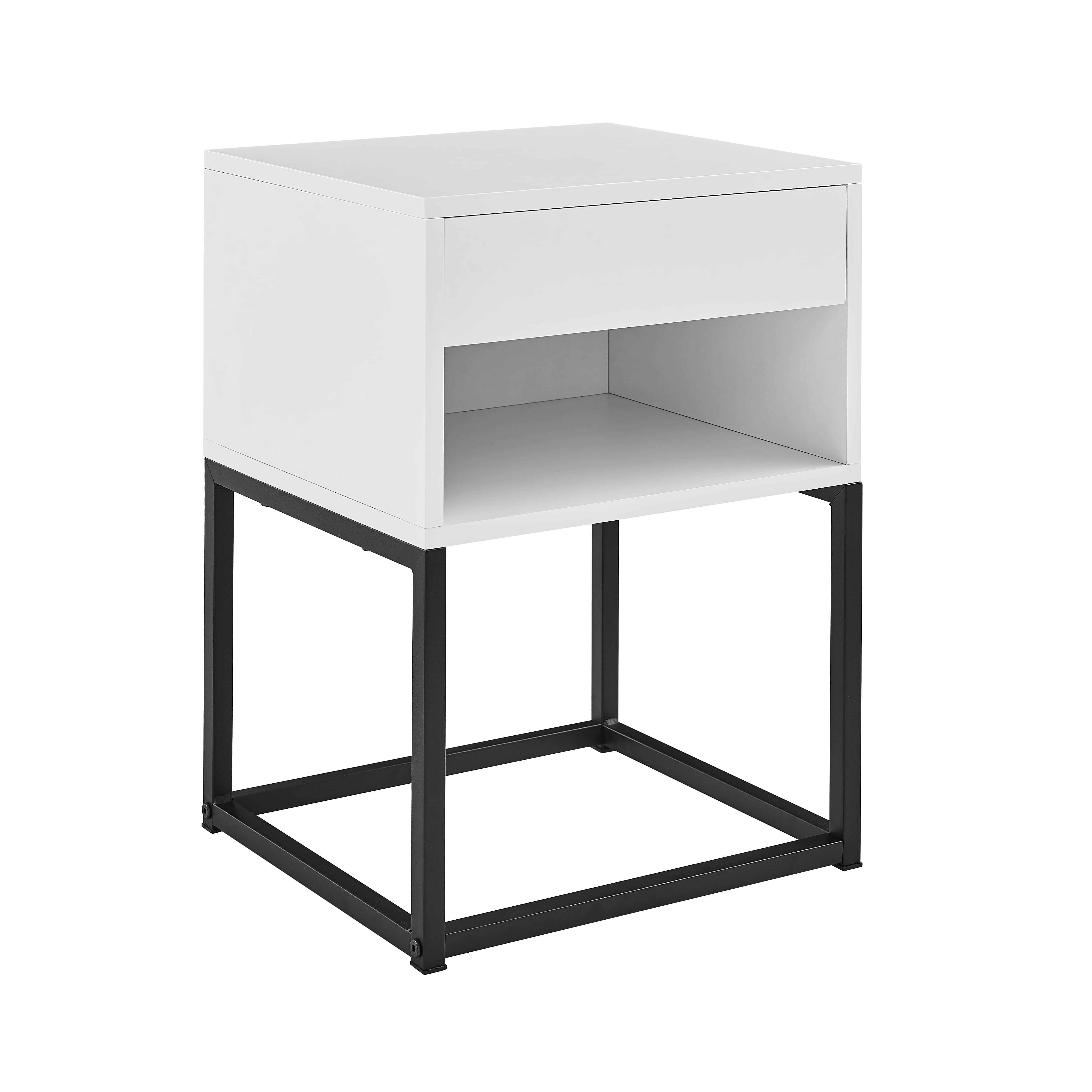 MUSEHOMEINC End Table with drawer and shelf, Metal Legs - White Finish