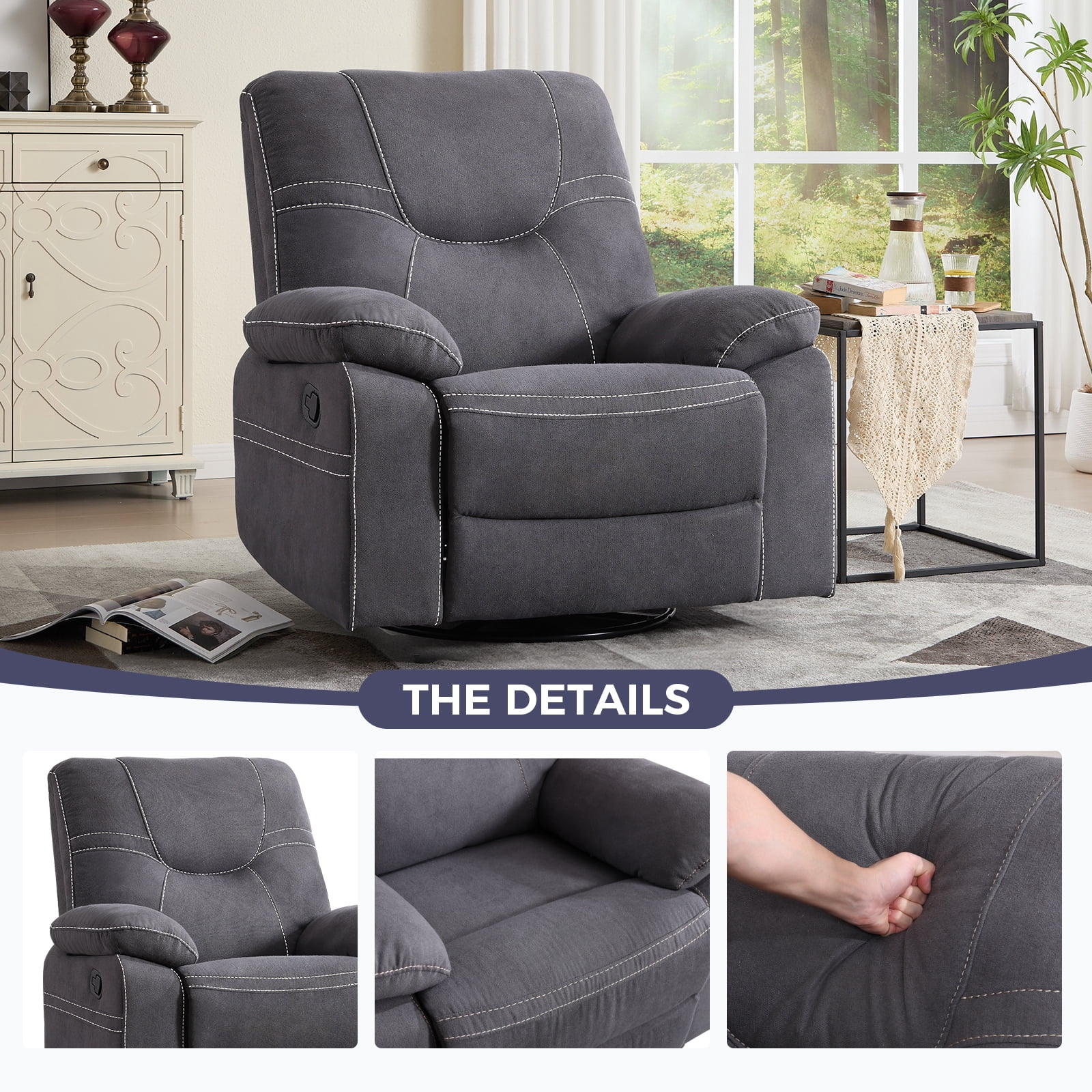Bonzy Home Swivel Rocker Recliner Chair Manual Recliner Sofa for Living Room Gray