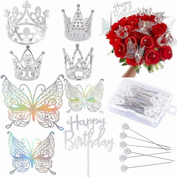 1 Box 67Pcs Flower Bouquets Accessories Butterfly Decorations Silver Corsage Pins Bulk Alloy Rhinestones Sparkle Cake Toppers for Women Birthday Party Wedding Decor Bouquet Arrangements