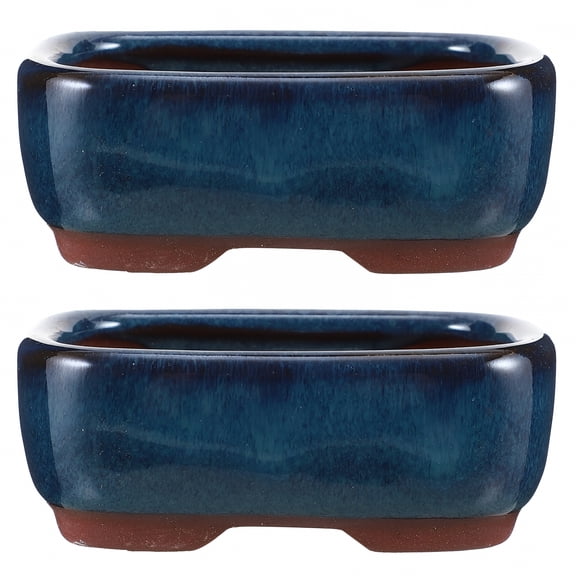 ACDANC 2 Pack Green Glazed Ceramic Bonsai Pots, 3.3 Inch Rectangular Planters with Drainage Hole & Humidity Tray for Succulents