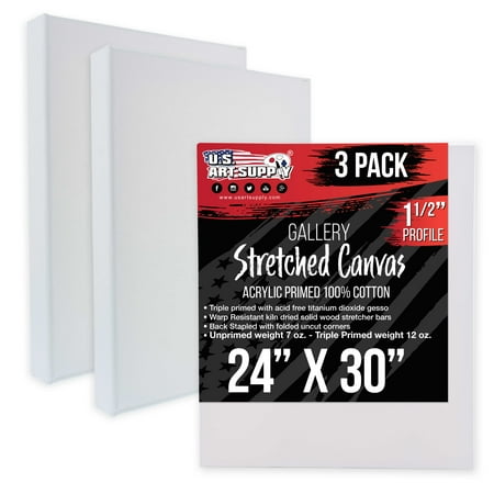 U.S. Art Supply 24 x 30 Gallery Depth 1-1/2 Profile Stretched Canvas 3-Pack - Acrylic Gesso Triple Primed 12-ounce 100% Cotton Acid-Free Back Stapled