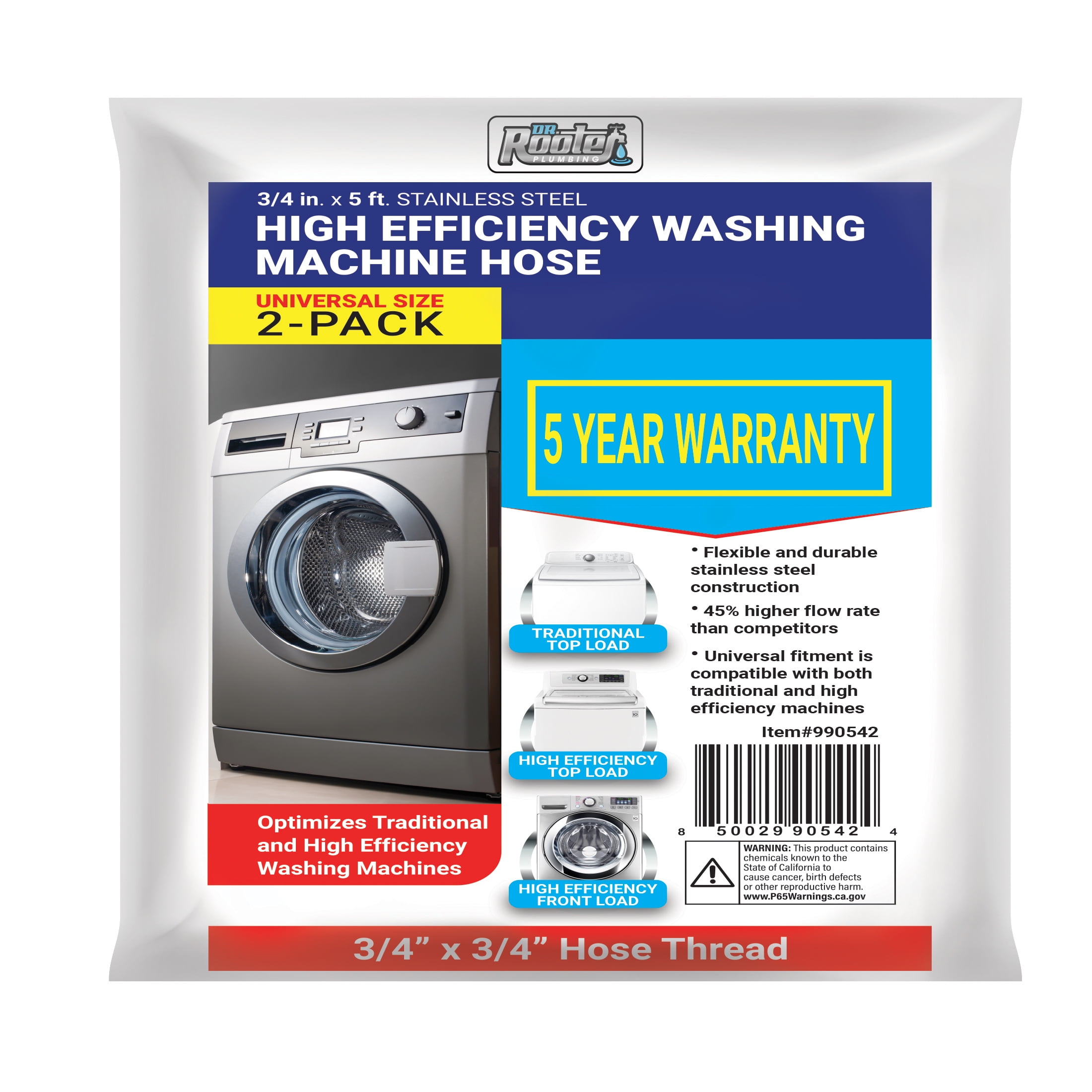 Dr. Rooter 5 Foot Premium Stainless Steel High Efficiency Hose 2 Pack, 45% Faster Flow Rate