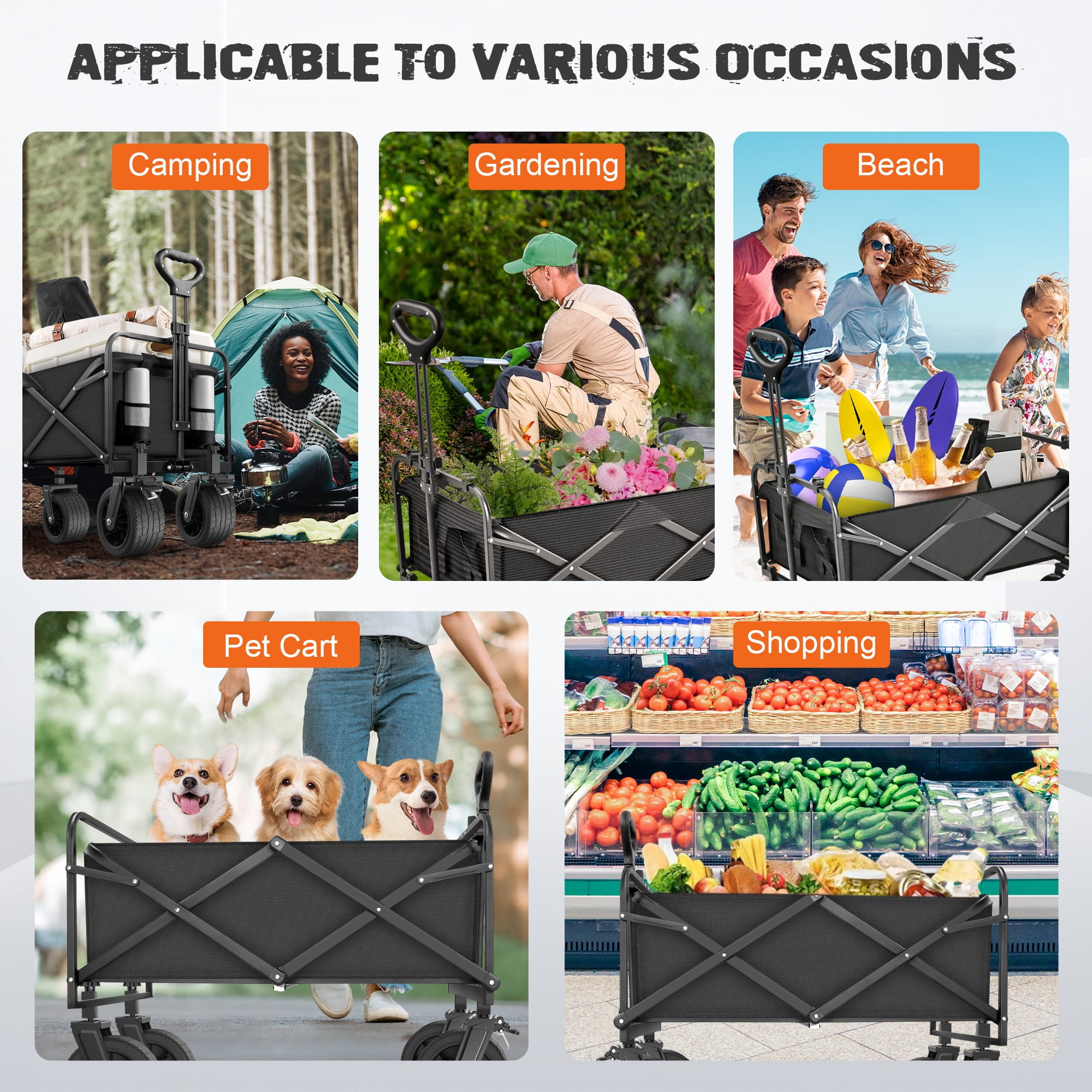 Qunler Large Collapsible Folding Wagon, 560 lbs Heavy Duty Big Bucket Utility Garden Cart with Oversized Tank Wheels for Sports, Shopping, Camping, Kids, Black
