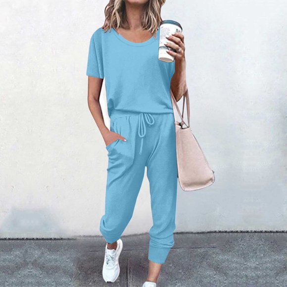 VKOYWKM Sweatsuits for Women 2 Piece Outfits Casual Short Sleeve Tops and Jogger Pants Sets Summer Solid Color Lounge Sets with Pockets