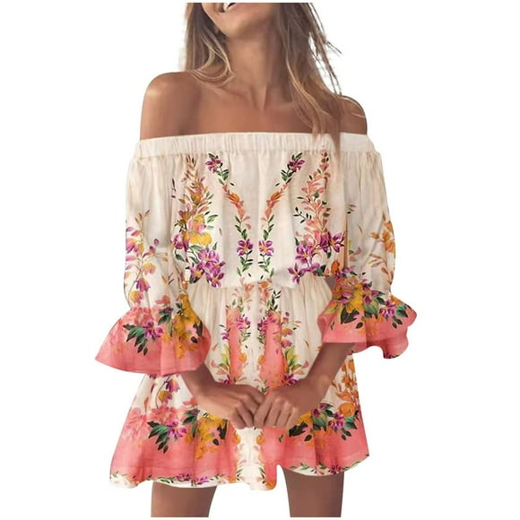 Kcodviy Summer Dresses for Women Maxi Dresses Summer 2025 Beach off Shoulder Deep V Dress Tunic Sundresses Casual Loose Dress for Women Casual Fit Bell Sleeve Mini Floral Dress