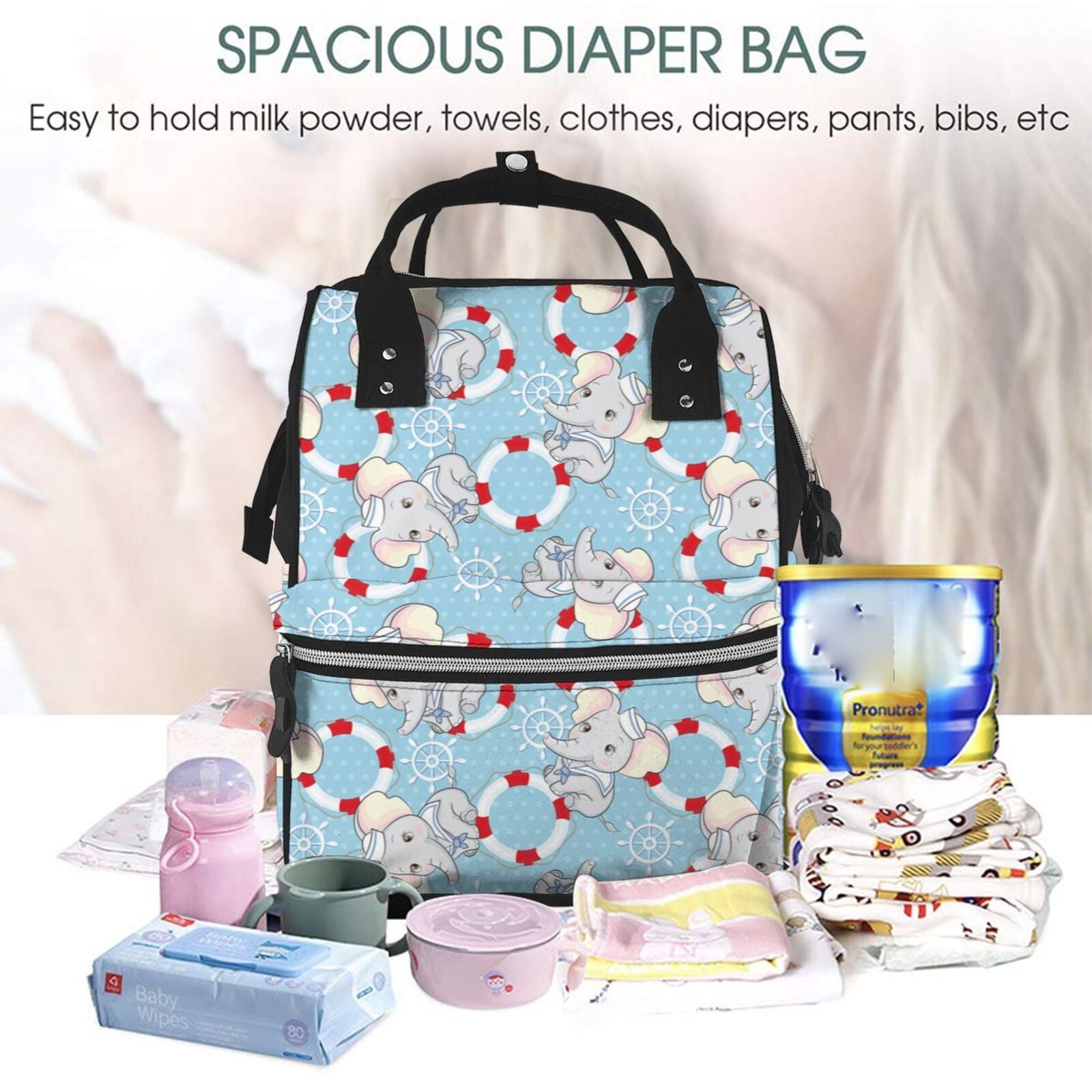 Fuzoiu Baby Elephant Print Diaper Bag Backpack,Baby Essentials Travel Tote,Multi function Waterproof Diaper Bag, Travel Essentials Baby Bag - Unisex