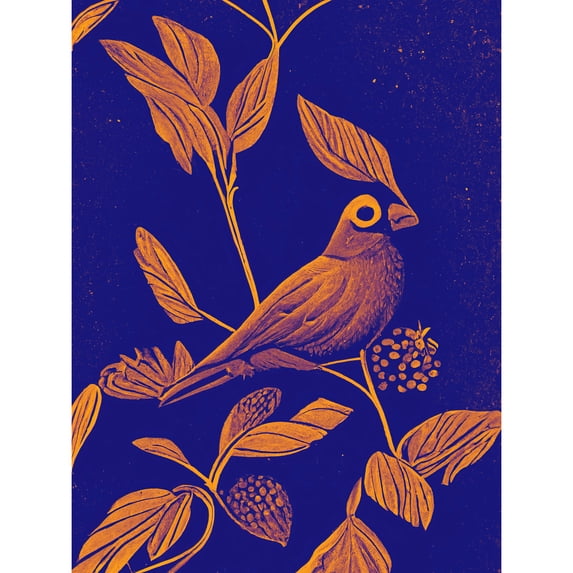 Vintage Art Nouveau Pattern Detail Tropical Bird On Branch Linocut Illustration Large Wall Art Poster Print Thick Paper 18X24 Inch
