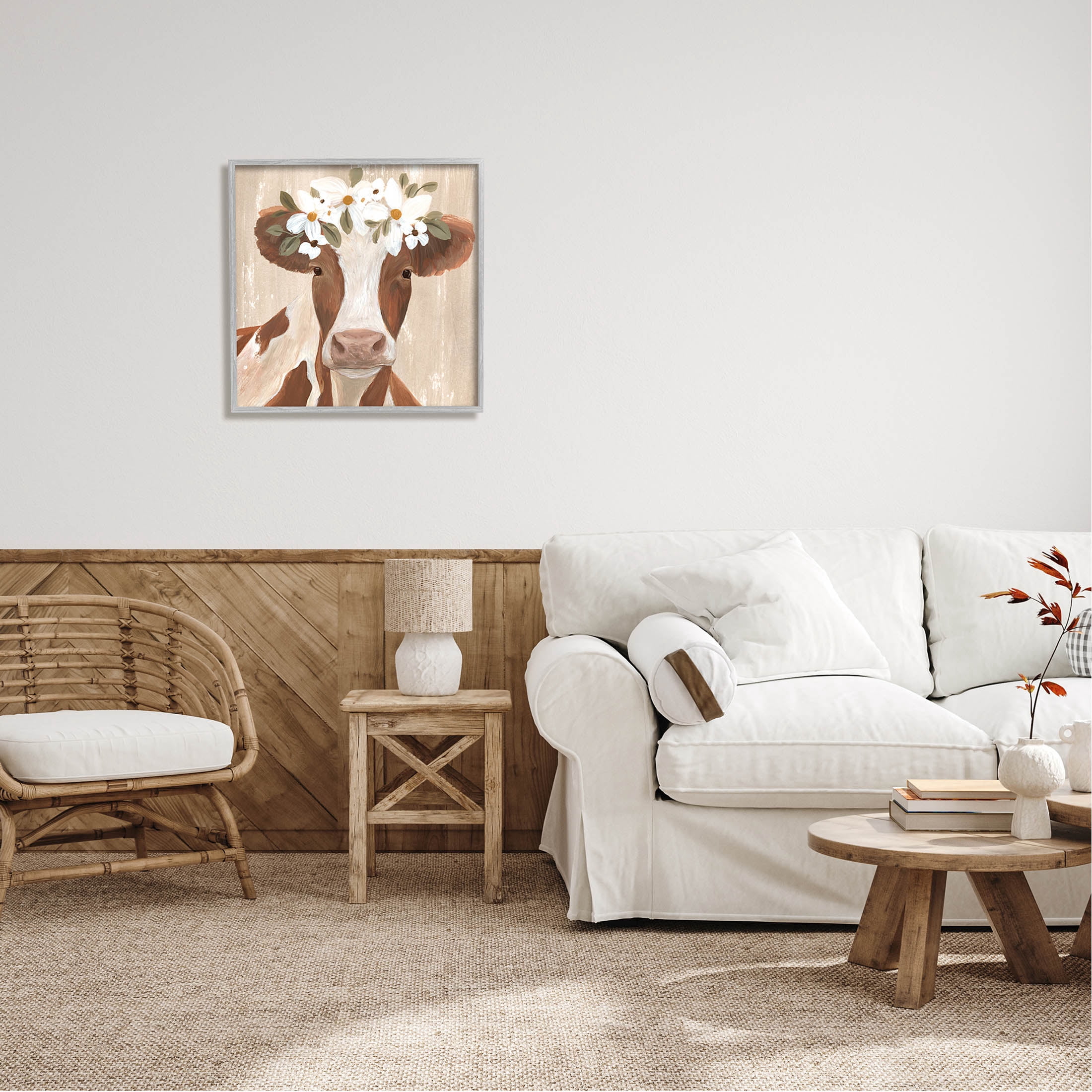 Rustic Cow Portrait Flower Blossoms Animals & Insects Graphic Art Gray Framed Art Print Wall Art