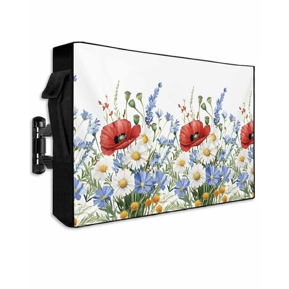 Blue Floral Outdoor TV Cover 60 to 65 Inch Weatherproof, Red Poppy Flowers Pastoral White Daisy 600D Oxford TV Covers with Waterproof Zipper, Outside Flat TV Screen Protector Size 58"W x 37"H x 4.5"D