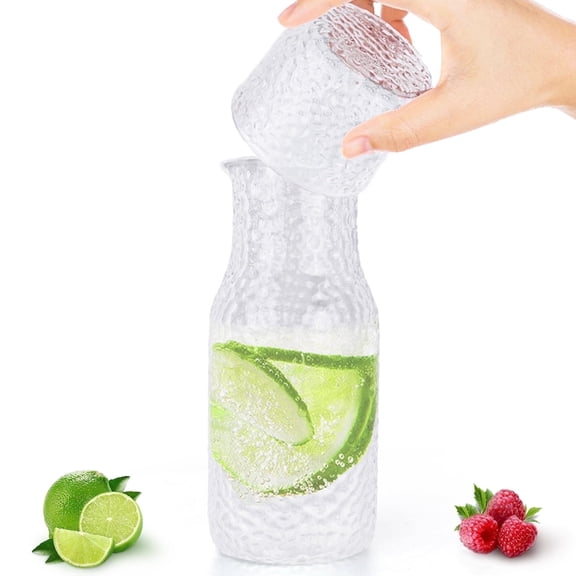 WhiteRhino 17oz Glass Bedside  Water Carafe with 7oz Cup Set,Clear Glass Pitcher with Lid Nightstand for Bedroom Juice, Milk,Cold Brew,Beverage