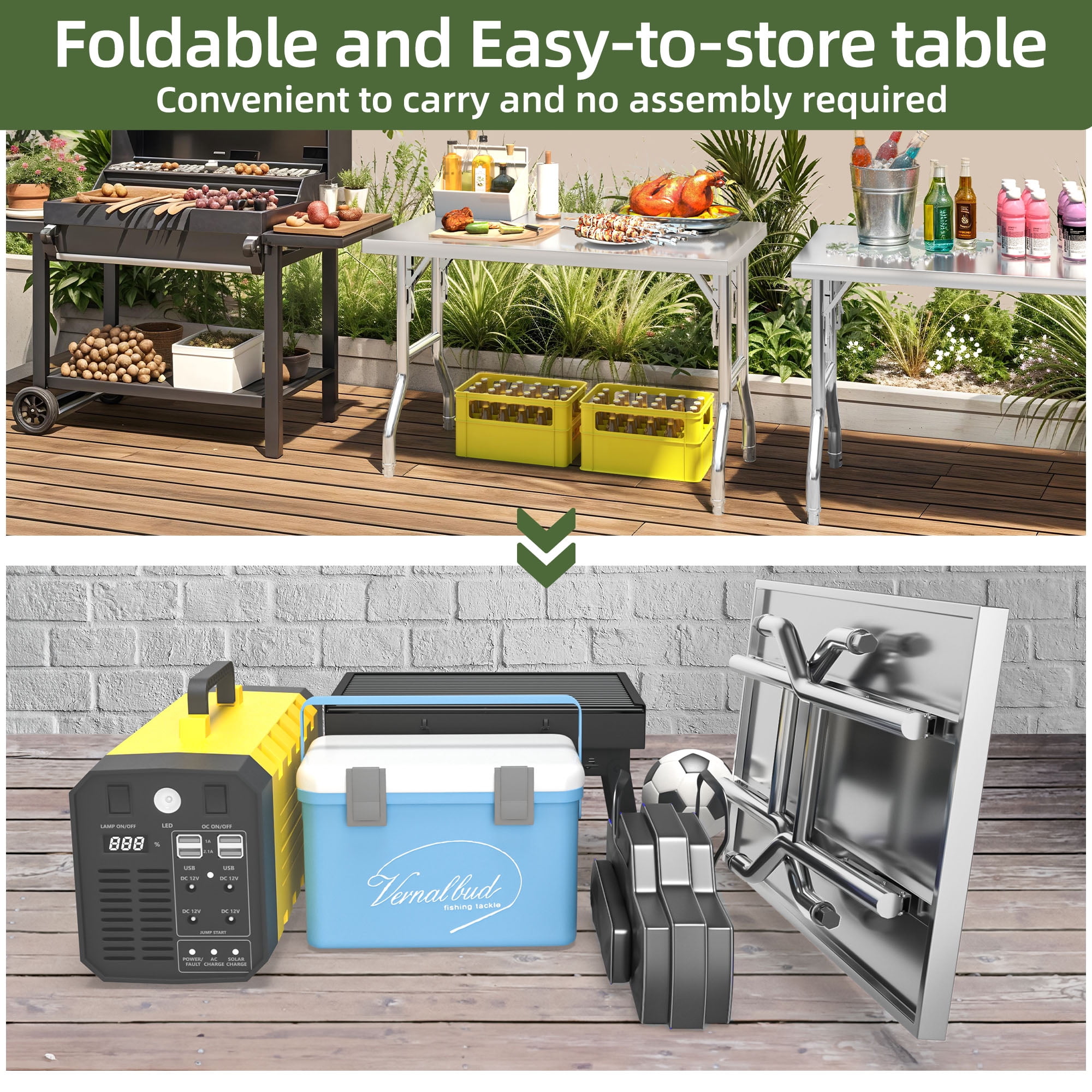 Uforic NSF Certified Stainless Steel Folding Prep Table, 48" x 24", Adjustable Feet, Commercial Kitchen Workbench for Restaurants, Picnic, Party, Camp Dining