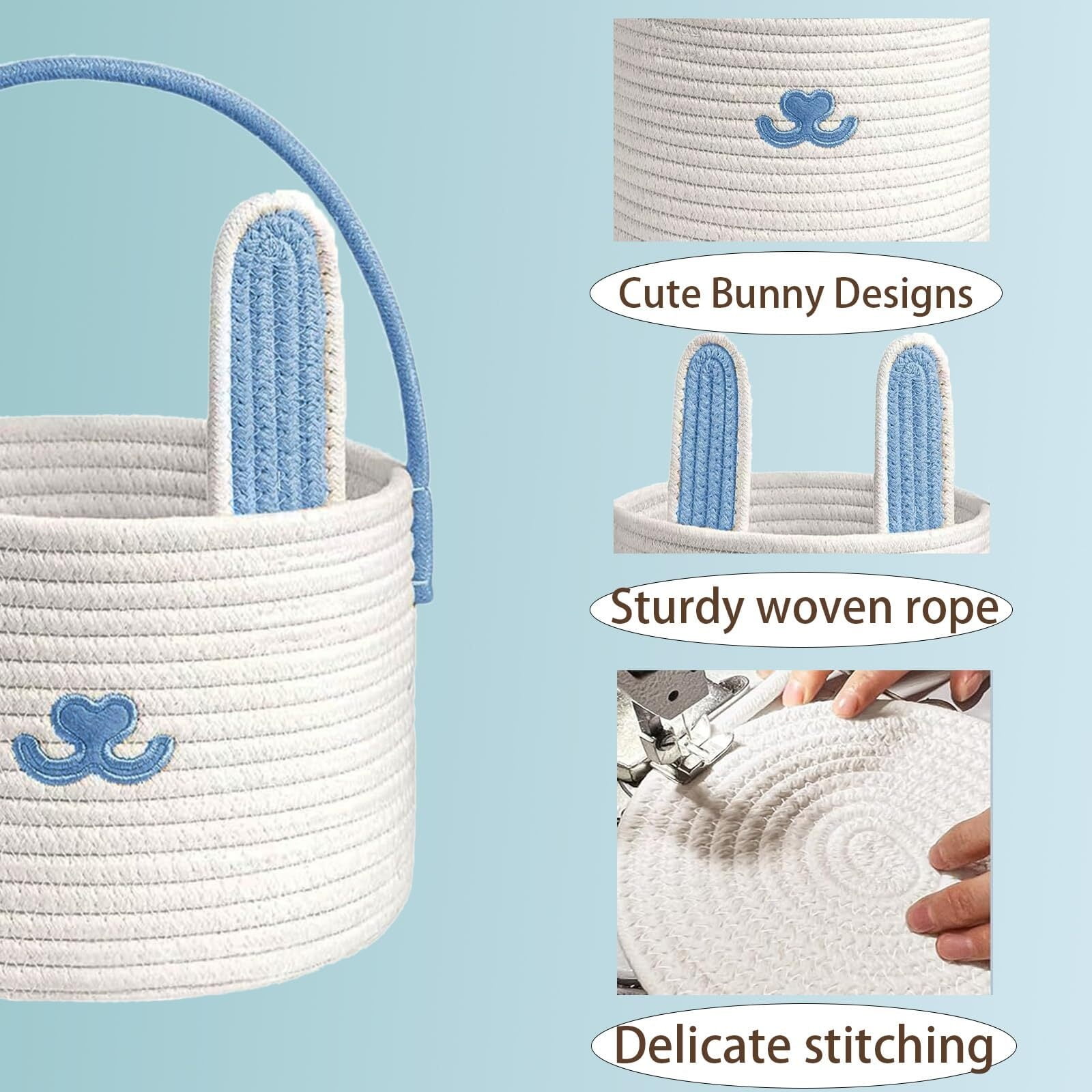 Cute Easter Basket, Large Easter Bunny Basket, Woven Cotton Rope Baby Egg Easter Baskets for Girls, Boys, Toddler, Babies, Infant, with Gift Bags and Ribbons, Pink