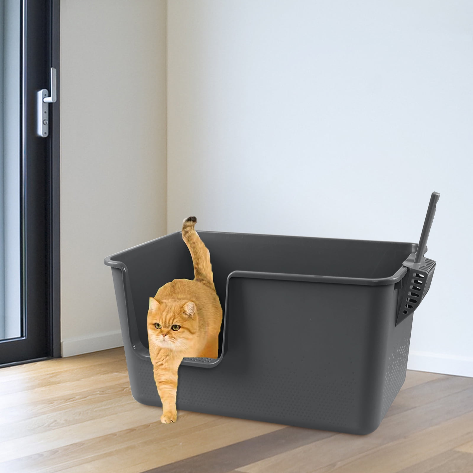 Gloreen 4-Pack Large Cat Litter Box with High Sides, Plastic Open Top Cat Litter Box, Grey