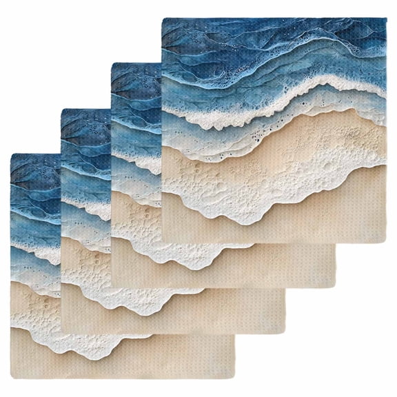 Blue Beach Coastal Dish Towels Set, Waffle Weave Kitchen Towels 4 Pieces, Nautical Seaside Ocean Beige Microfiber Hair Face Bath Tea Towel Absorbent Quick Drying Cleaning Dish Cloths 12"x12"