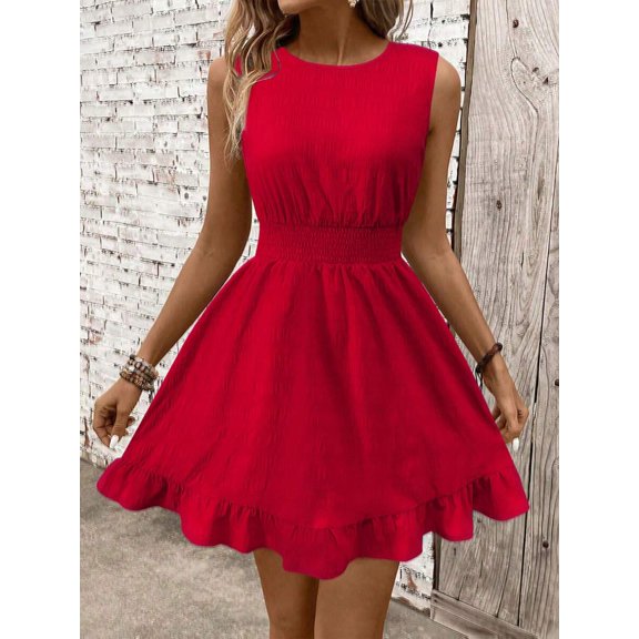 Red Sleeveless Smocked Waist A-Line Dress With Ruffle Hem, Casual Summer Style