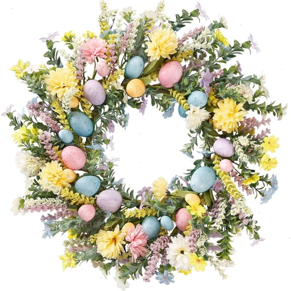 AZXY 20 Inch Easter Wreath for Front Door - Spring Flower Garland with Colorful Pastel Eggs, Mixed Flowers and Green Leaves, Indoor Outdoor Home Porch Wall Party Wedding Decor