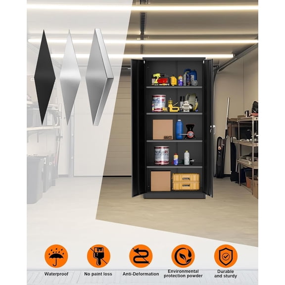 Rugerasy 72IN Metal Storage Cabinet with Wheels,Lockable Rolling Metal Garage Cabinets with 2 Doors and 4 Adjustable Shelves for Home Office,Black