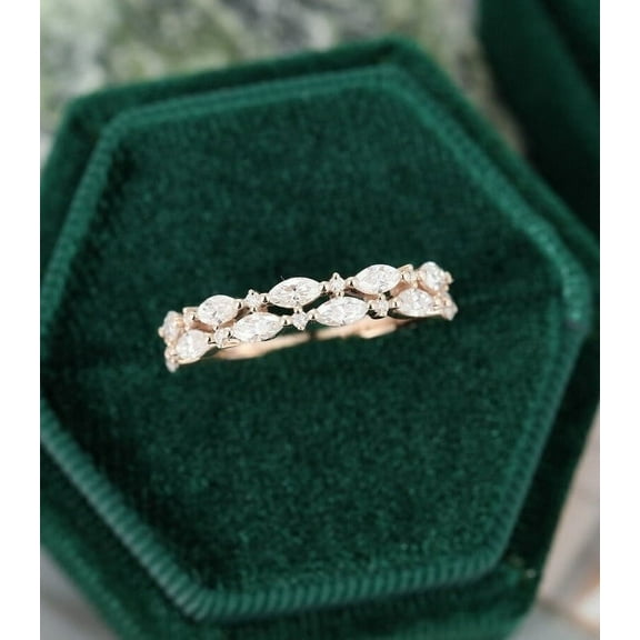 SOLITAIRE JEWELS Marquise Cut Moissanite Vintage Bridal Half Eternity Stacking Double Wedding Band Solid 10K Yellow Gold