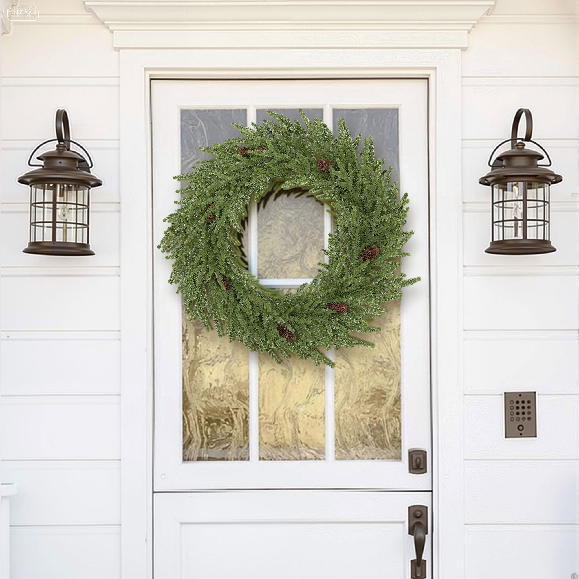 24 inch Christmas Wreath, Artificial Norfolk Pine Wreath with Pine Cones and 88 Realistic Branches for Door, Wall