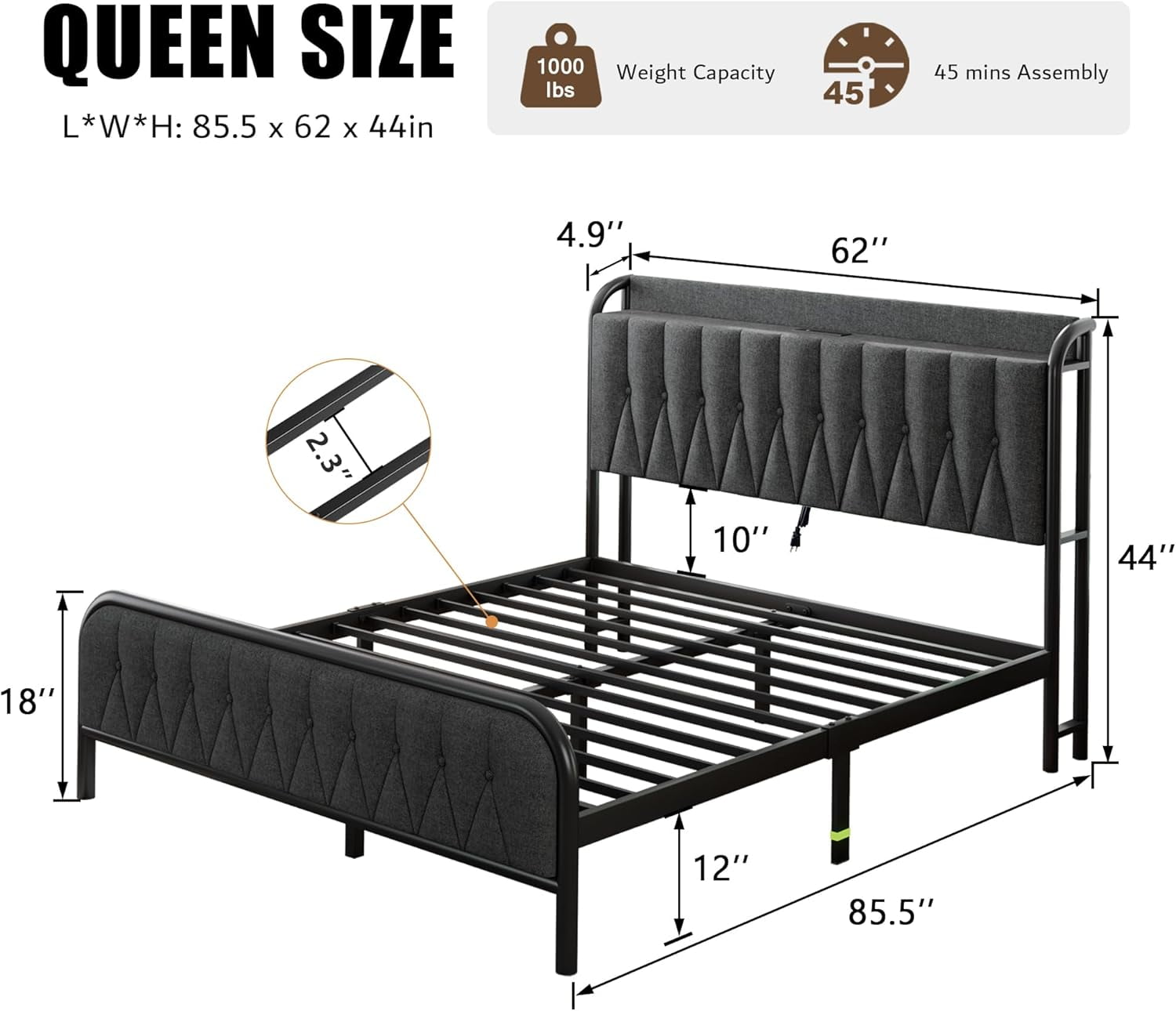 Queen Bed Frame with Fast Charging Station, Leather Queen Size Metal Platform Beds with Upholstered Headboard & Footboard,12" Underbed Storage Space,Easy Assembly,Noise-Free,Black