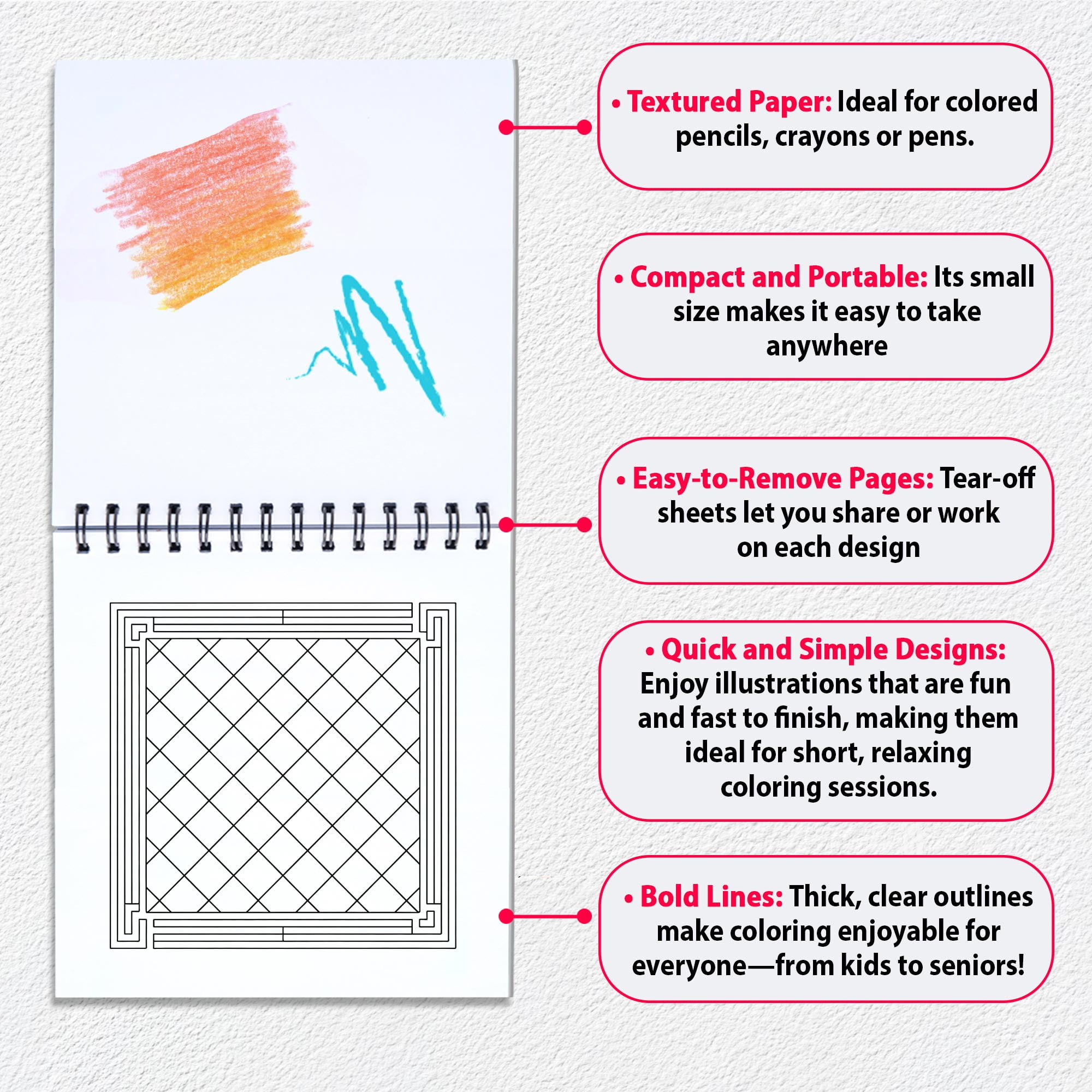 Pattern Mini Coloring Book Spiral Bound for Adult, Pack 6, 3.5” x 3.5” Pocket Size, 40 Coloring Pages Stress & Anxiety Relief, Travel for Women Men