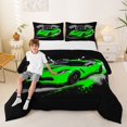 thumbnail image 2 of Castle Fairy Retro Racing Car Full Size Comforter Sets 3 Pieces for Kids, Race Flag Design Bedding Sets for Bedroom, Green Black,Black Reversible, 2 of 6