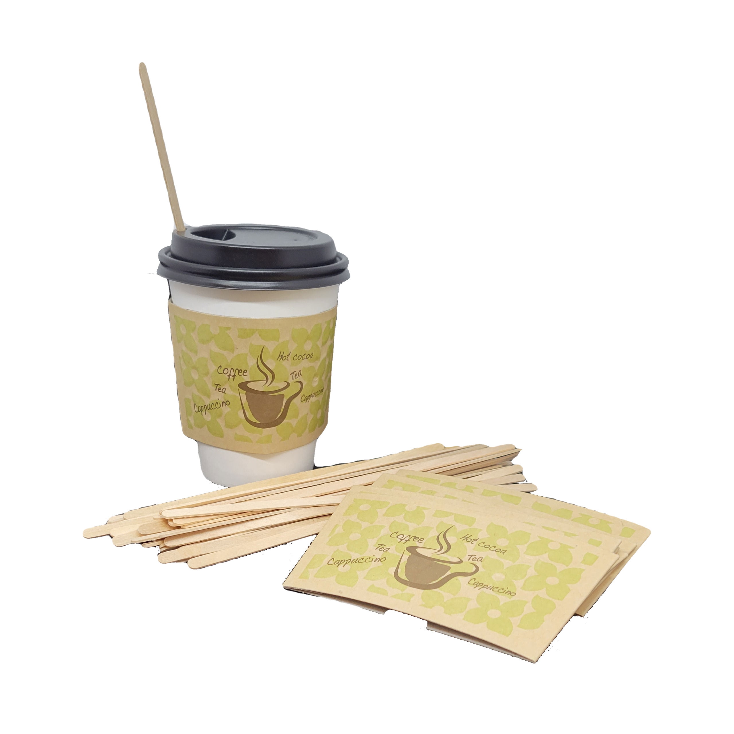 12 oz Disposable Paper Coffee Cups with Lids, Sleeves and Stirrers 100