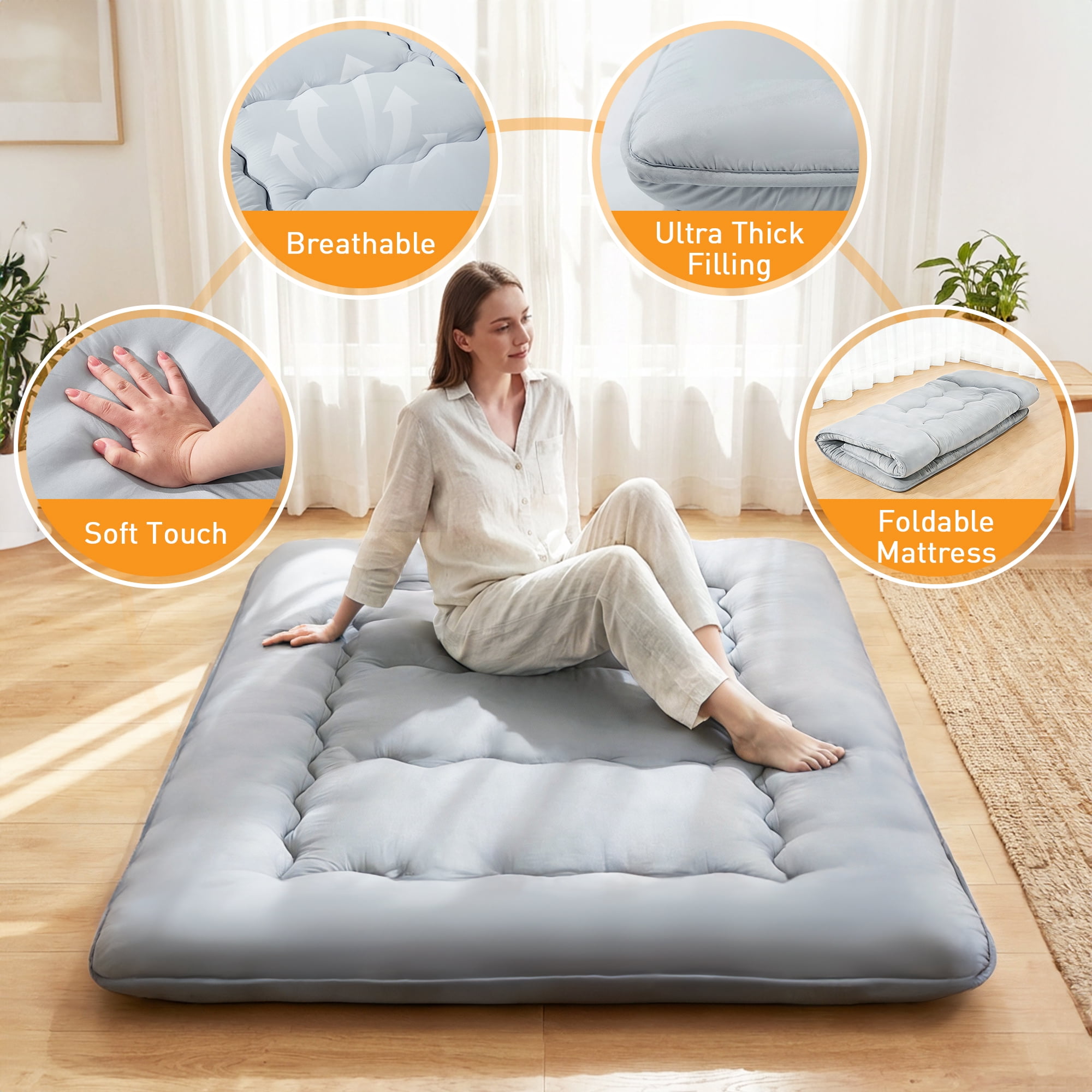 CONCETTA Memory Foam Futon Mattress, Full Size, Foldable Tatami Floor Mattress with Storage Bag, Gray