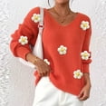 thumbnail image 4 of Cute Sweaters for Women Flowers Applique V Neck Comfy Knit Pullover Tops Long Sleeve Casual Trendy Fall Clothes (XL, Orange), 4 of 7
