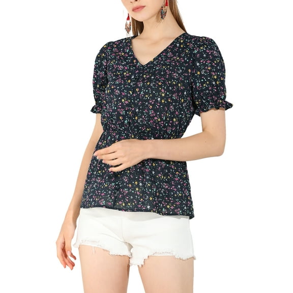 Allegra K Women's Faux Placket Ruffle Hem Puff Sleeve Button Decor Peplum Top