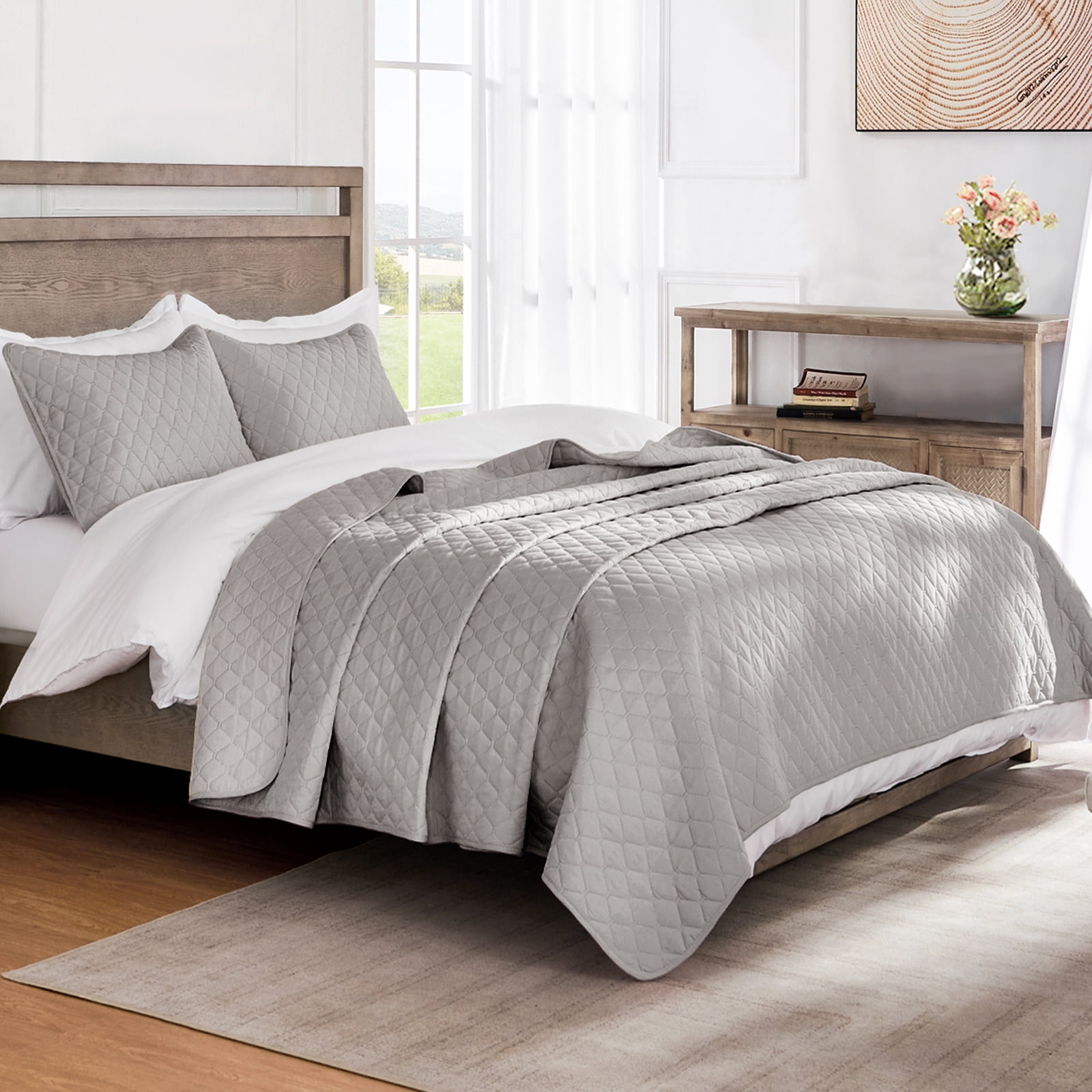 Exclusivo Mezcla King Size Quilt Set, 3-Piece Lightweight King Quilts Soft Bedspreads Bed Coverlets, Light Grey, 104"x96"