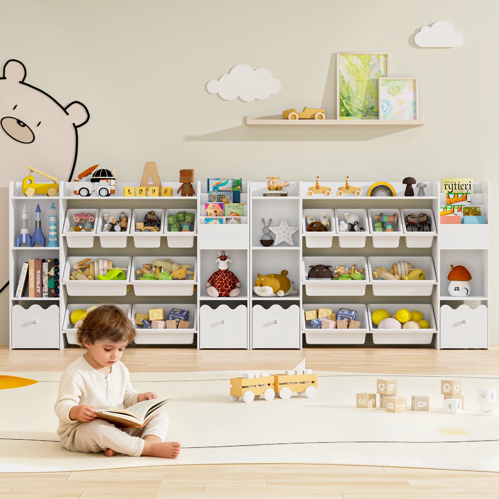 Hommpa Kids Toy Storage Organizer with 8 Toy Storage Bins, Kids Bookcase with 4-Tier Bookshelf, Toy Organizer with 2 Removable Drawers and 3 Cube Storage for Bedroom Playroom, White