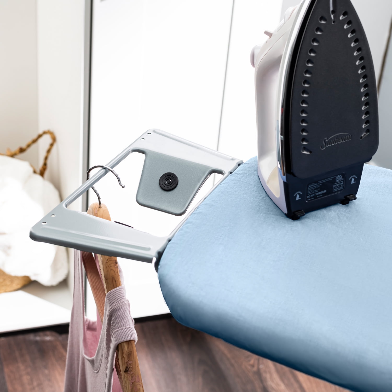 Seymour Home Products Adjustable Height, 4 Leg Ironing Board with Mesh Top and Iron Rest, Light Blue