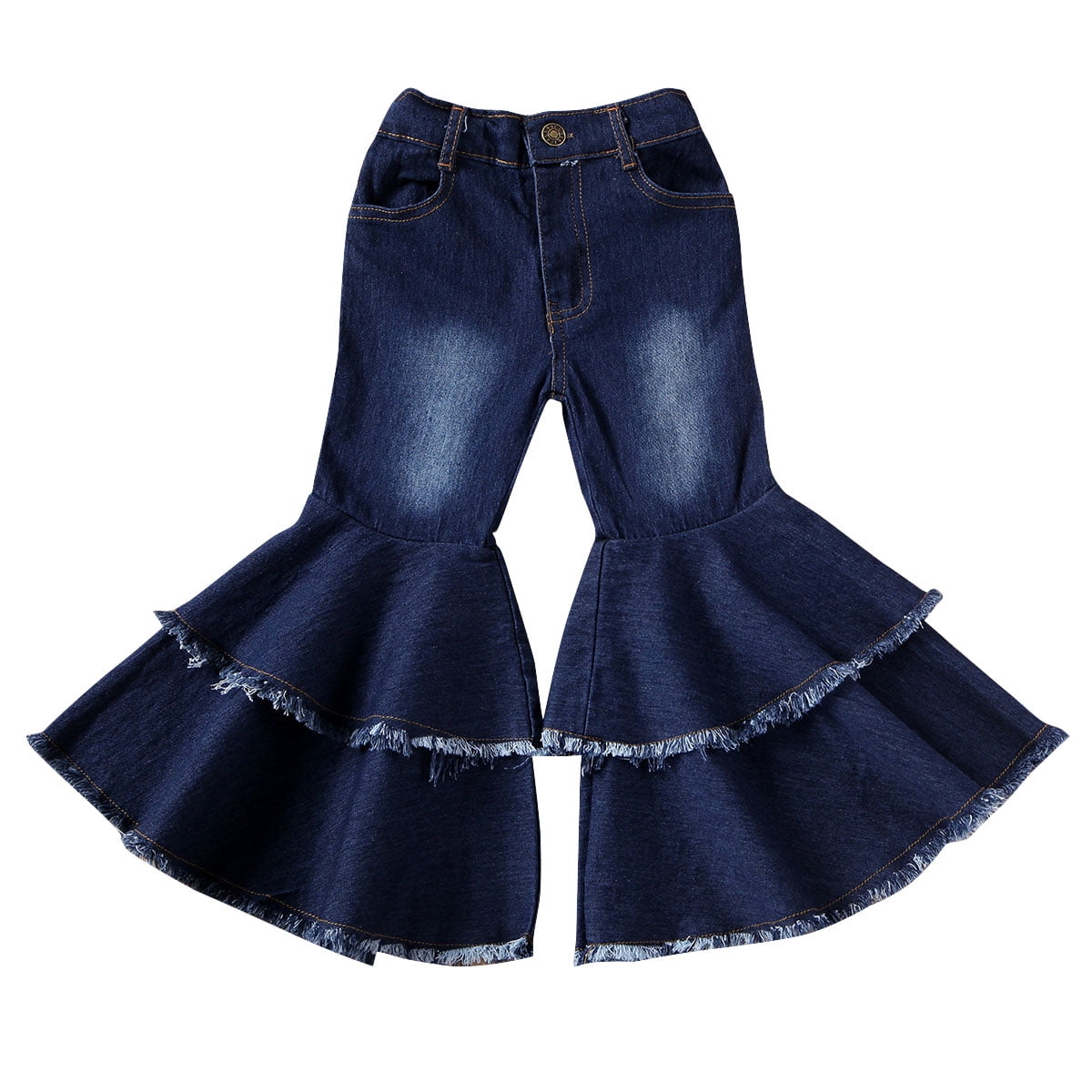 Toddler Baby Girl Flare Pants Solid Denim Bell Bottoms Ripped Double-Layer Ruffle Jeans Trousers Leggings Fall Winter Outfit 