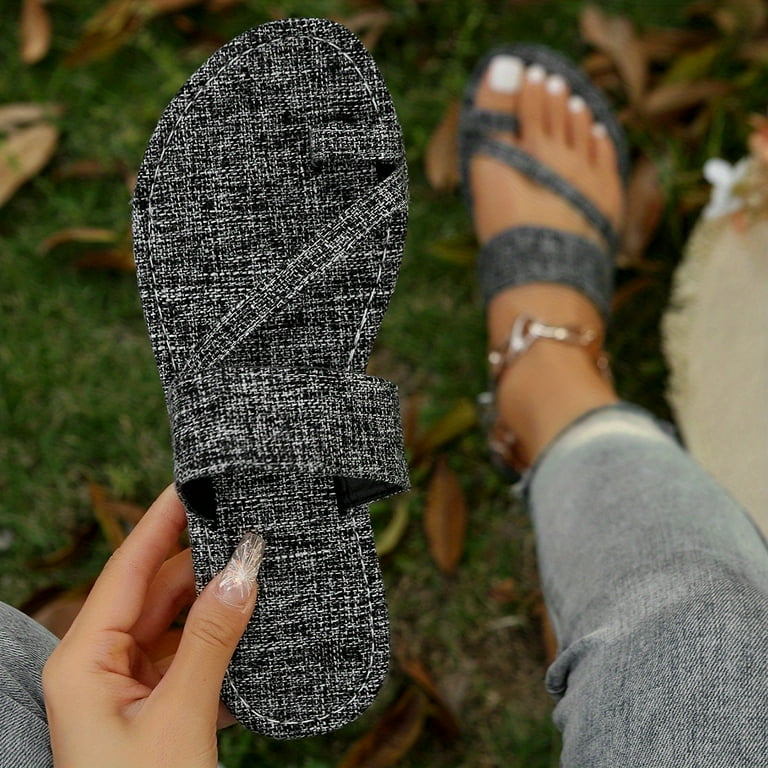 Women's Toe Loop Slip On Slide Sandals, Denim Color Flat