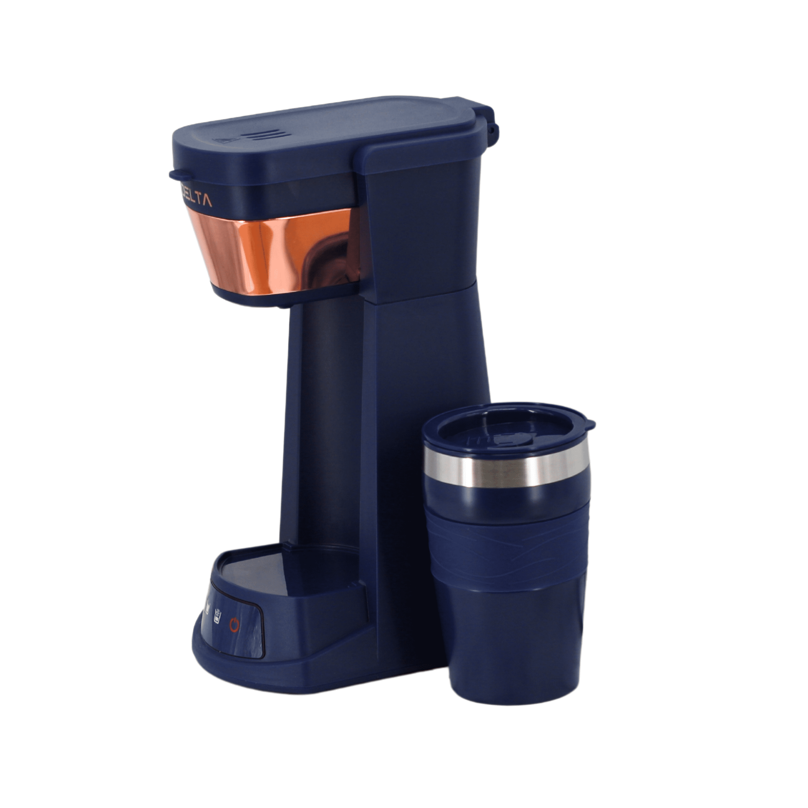 Prime Cuisine Single Cup Coffee Maker with 16oz Tumbler – Compact Single Serve Coffee Machine, Reusable Filter, Skid-Resistant Feet, Blue
