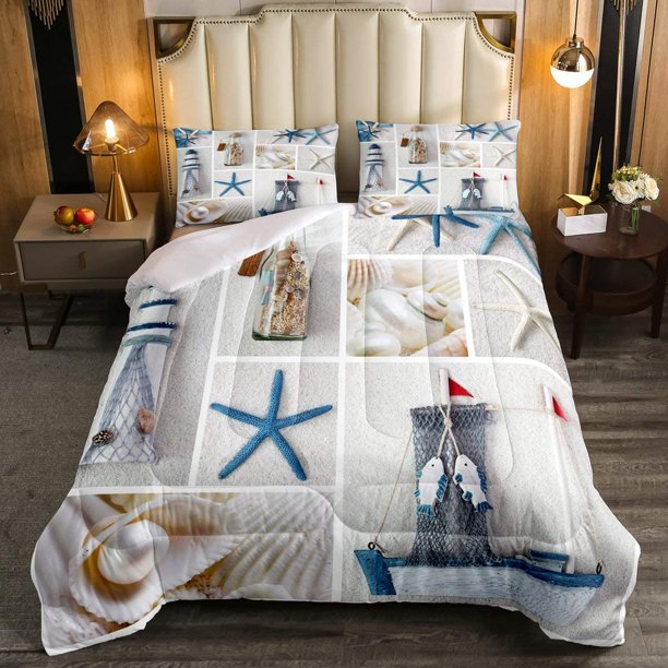 Nautical Comforter Set, Beach Theme Duvet Sets King Size, Marine Sail Boat Bedding Set for Kids