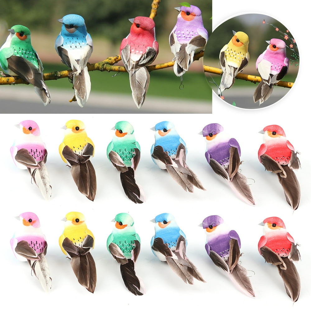 Garosa 12Pcs Cute Artificial Feather Bird Colorful Simulation Foam Bird