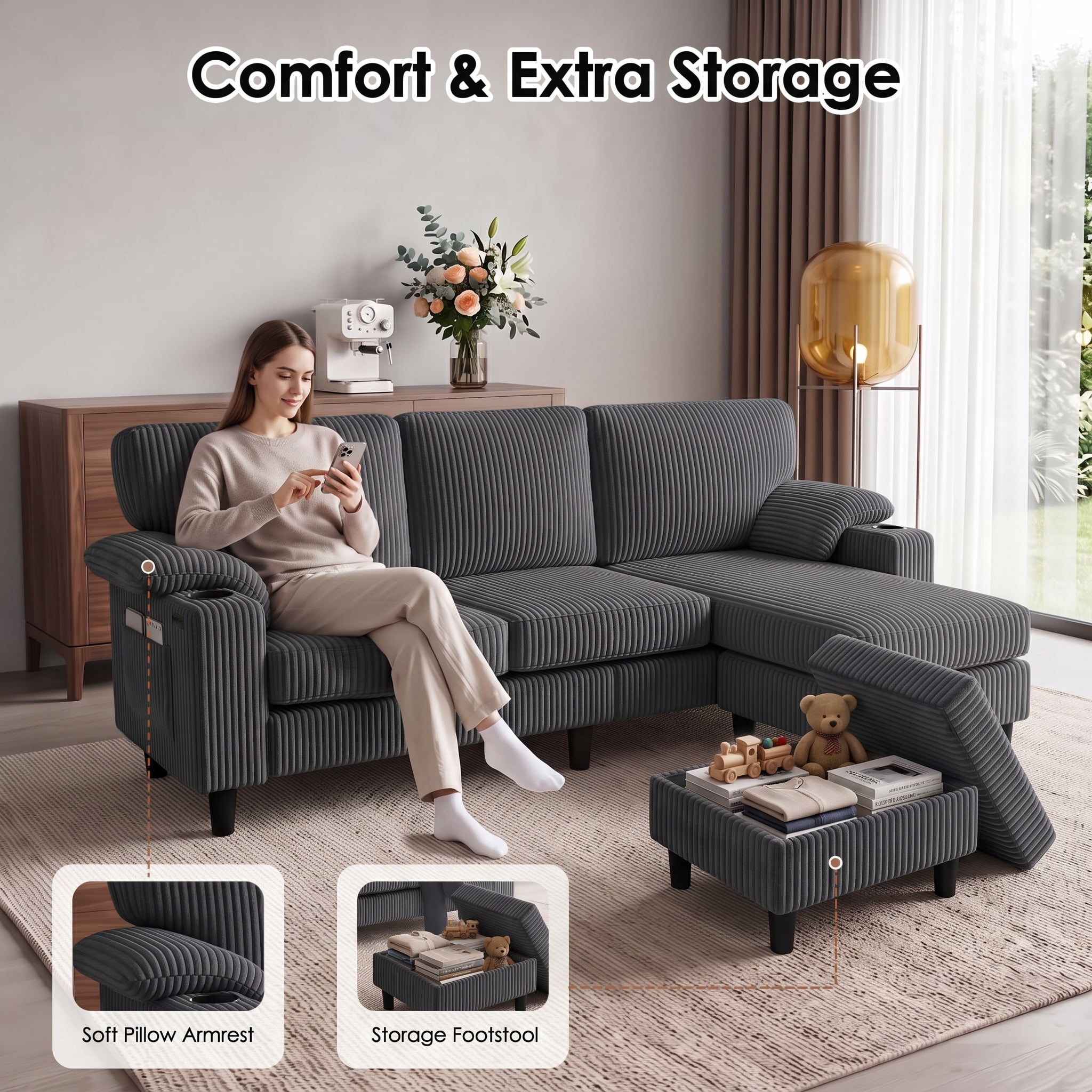 Anpport 80" L‑Shaped Corduroy Sectional Sofa, 3‑Seater Couch with Storage Ottoman, USB Port & Cup Holders for Small Spaces, Dark Gray