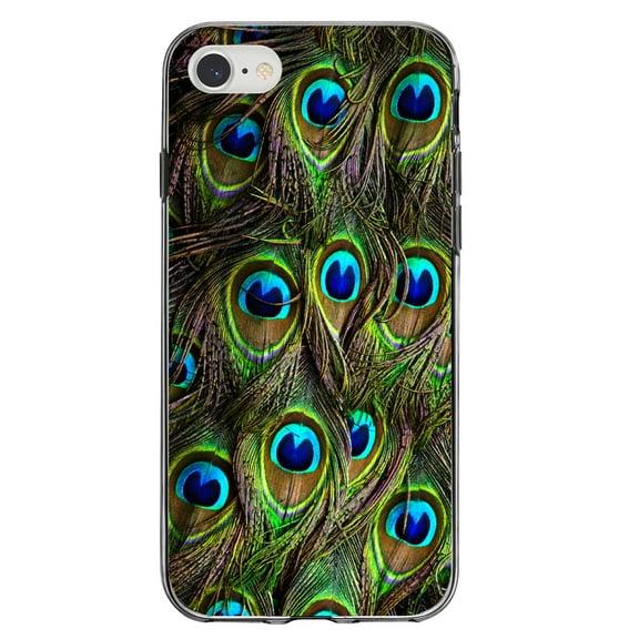 DistinctInk Clear Shockproof Hybrid Case for iPhone 7 8 SE (2020 Model) 4.7" Screen TPU Bumper Acrylic Back Tempered Glass Screen Protector - Peacock Feathers - Animal Print