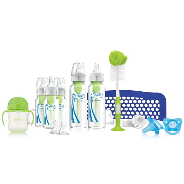 Dr. Brown's Natural Flow Anti-Colic Options+ Ensemble d'Alimentation pour la Première Année avec Biberons pour Nouveau-Nés, Tasse de Transition à Bec Souple, Brosse de Nettoyage pour Biberon et Sucettes HappyPaci Monopièce en Silicone 100 %
