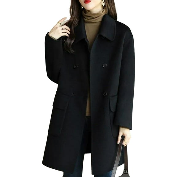 comerut Women Overcoat Solid Color Lapel Collar Mid-Length with Buttons Loose-fitting Keep Warm Polyester Winter Warm Women Double-Breasted Overcoat for Lady