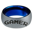 thumbnail image 2 of Tungsten Gamer Typography Writing Band Ring 8mm Men Women Comfort Fit Blue Dome Brushed Gray Polished, 2 of 4