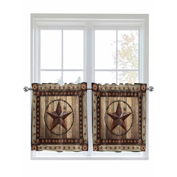 Half Window Curtains 24 Inches Long, Western Farmhouse Window Treatment Curtain Drapes, Primitive Rustic Country Retro Texas Star Short Curtains Tiers for Kitchen Over Sink, 27.5"x24", 2 Panels