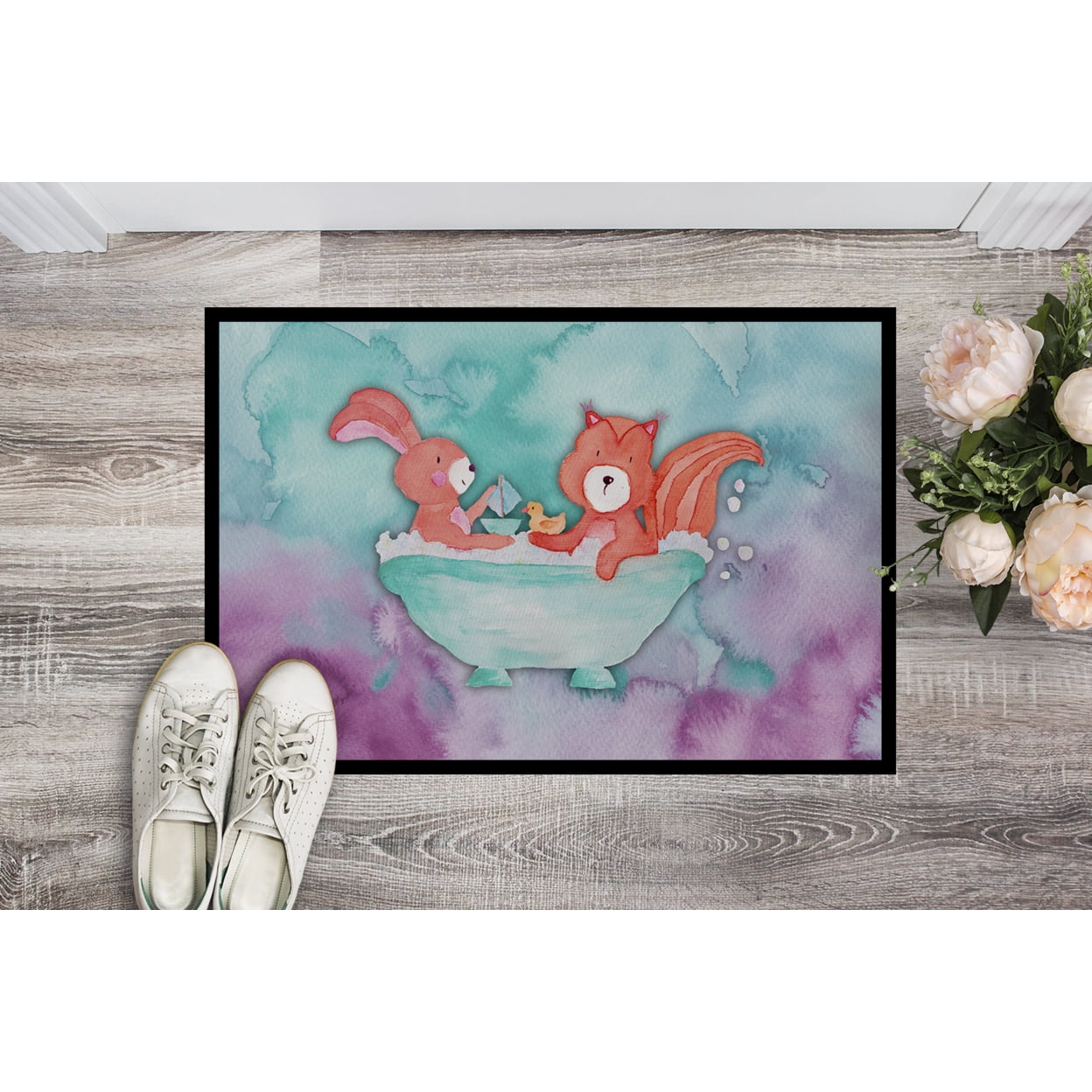 Rabbit and Squirrel Bathing Watercolor Door Mat