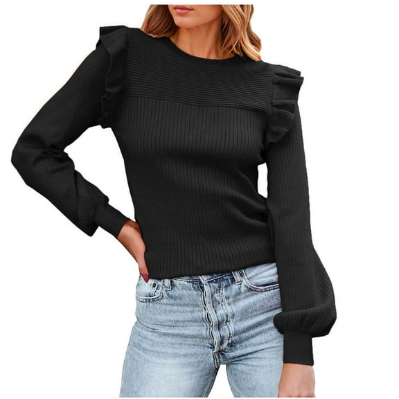 MESSUEN Crew Neck Sweater for Women Ruffle Tops for Women Pull Over Sweaters Womens Basic Tops for Women’s Tops Womens Sleeveless T Shirts for Women Black L