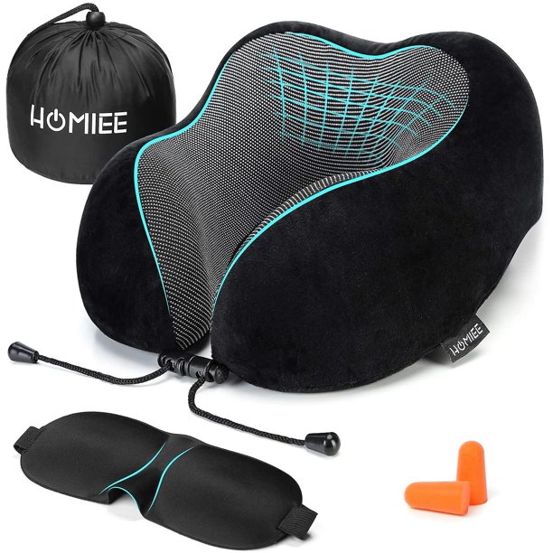 Almohada de viaje, almohada de espuma viscoelástica para el cuello, cojín esencial para el cuello para viajar, antifaz para dormir, tapones para los oídos y bolsa de transporte incluida (negro). Afortunado Sencillez
