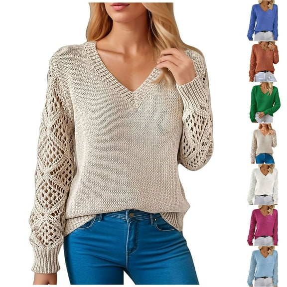 HAPIMO Women's Hollow Out Sweater V Neck Long Sleeve Knit Pullover Top Fall Fashion Fall Fashion Basic Tops Blue L