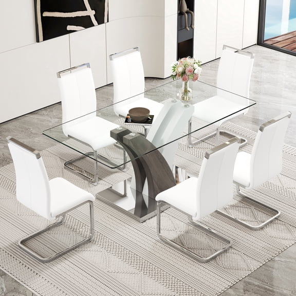StnTalk Glass Dining Table Set for 6, 63” Kitchen Table Set for 6, Dining Room Table Set with White PU Leather Chairs, Rectangular Tempered Glass Tabletop with Stable Silver Base